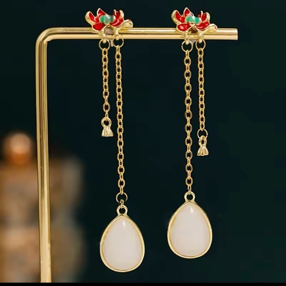 LOTUS FLOWER EARRINGS W GOLD ENAMEL AND WHITE WATER DROPLET - Picture 4 of 5